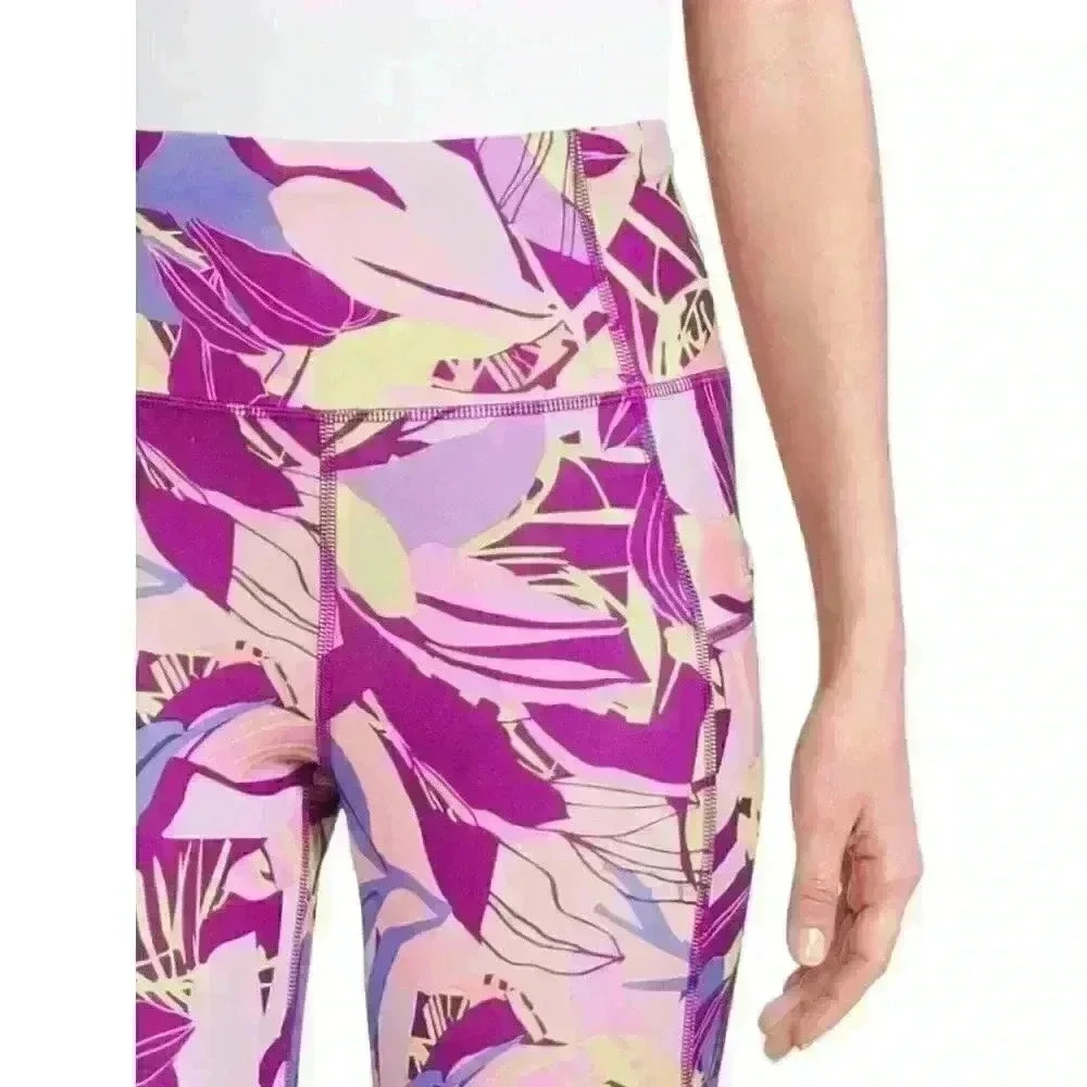 Avia Womens Pull On Active Capri Leggings XS, M Side Pockets Purple Pink Leaf - Picture 2 of 12